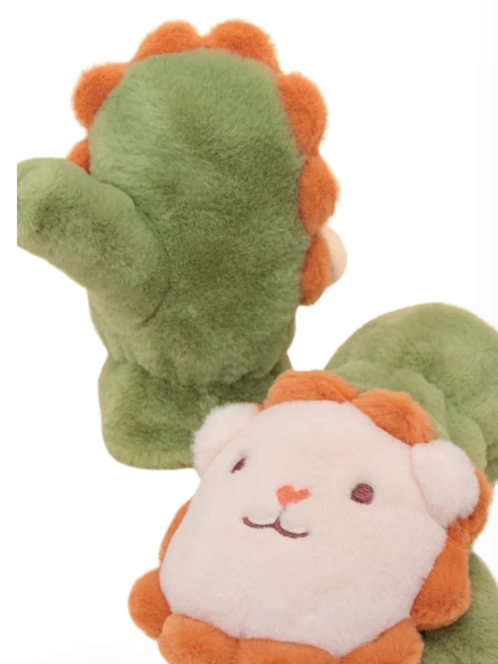 Kids Plush Mittens in Green and Orange - Cute Lion Design